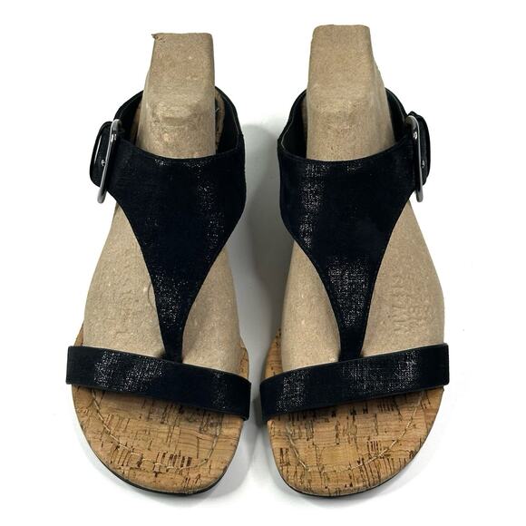 Donald J. Pliner Dylan Cork Wedge Thong Sandals Womens 7M Black Leather Straps - Picture 2 of 9